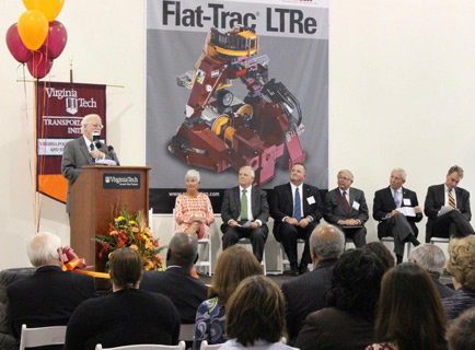 Dr. Tom Dingus, director of the Virginia Tech Transportation Institute, addresses the crowd at the National Tire Research Center ribbon-cutting event in Halifax County.